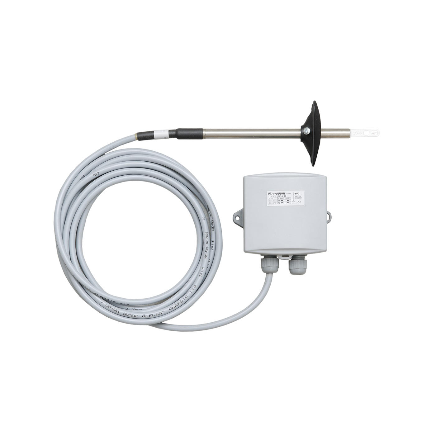 Transmisor de velocidad de aire y temperatura con sonda para conducto IVLJ